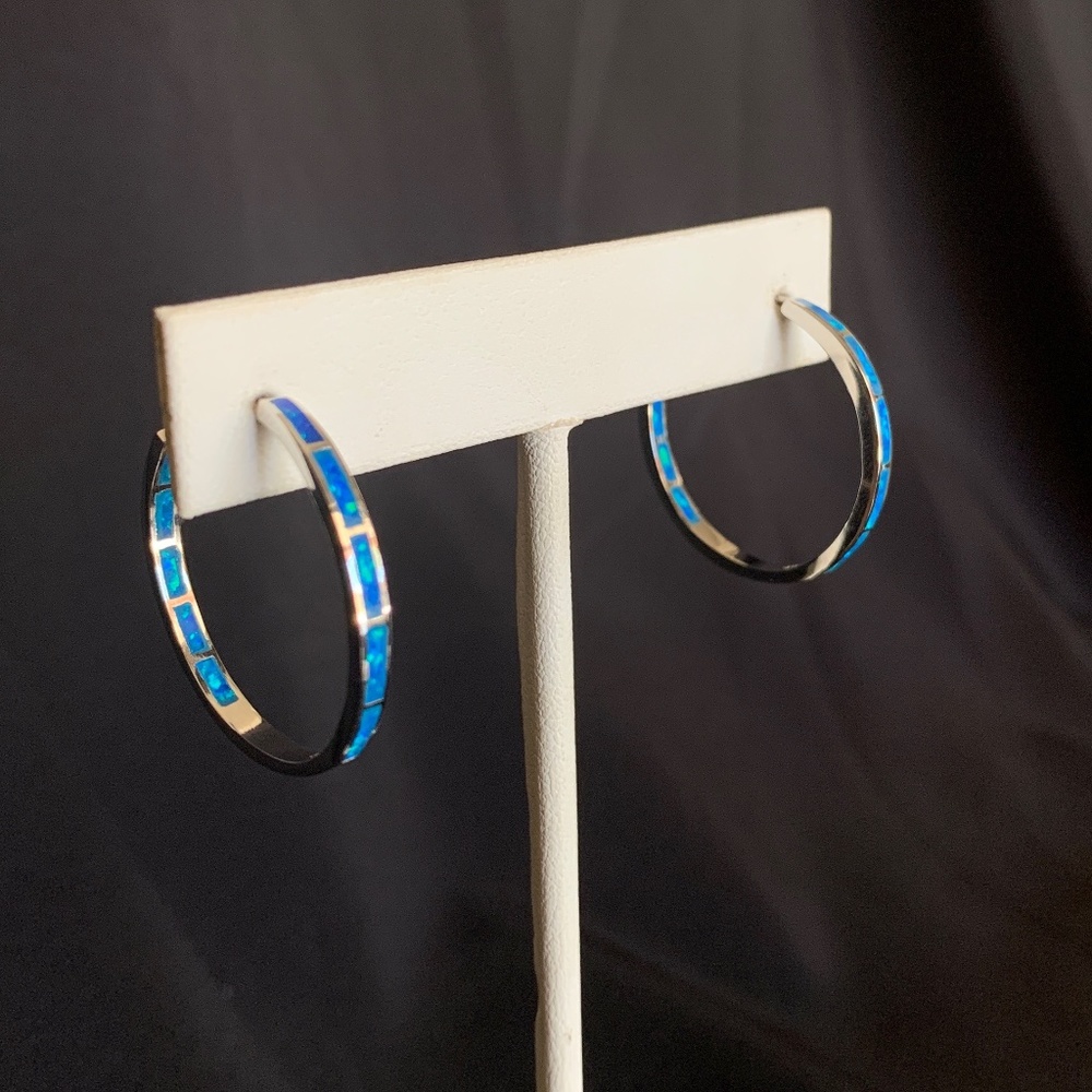 Blue Fire Opal Inlay 925 Sterling Silver 1" Hoops